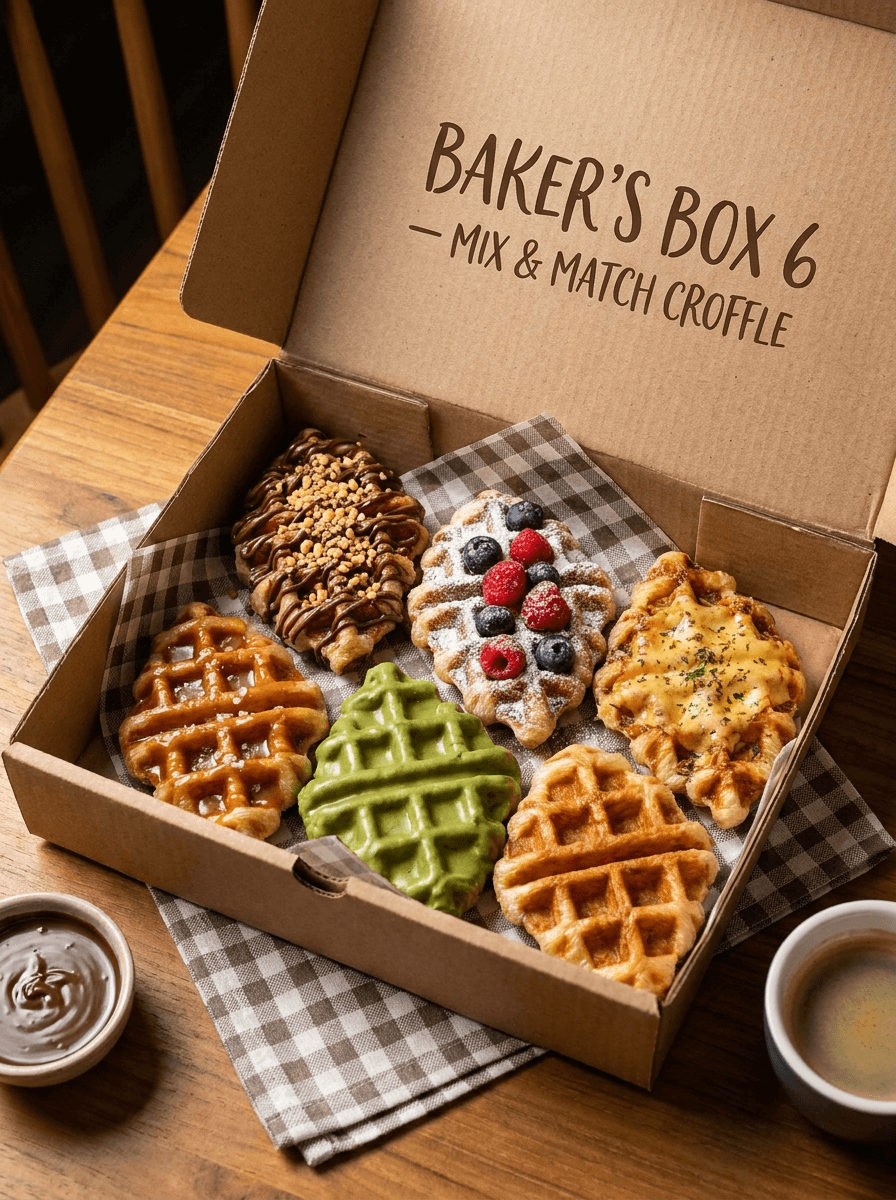A Baker's Box of six sugar-dusted croffles in a kraft takeaway box