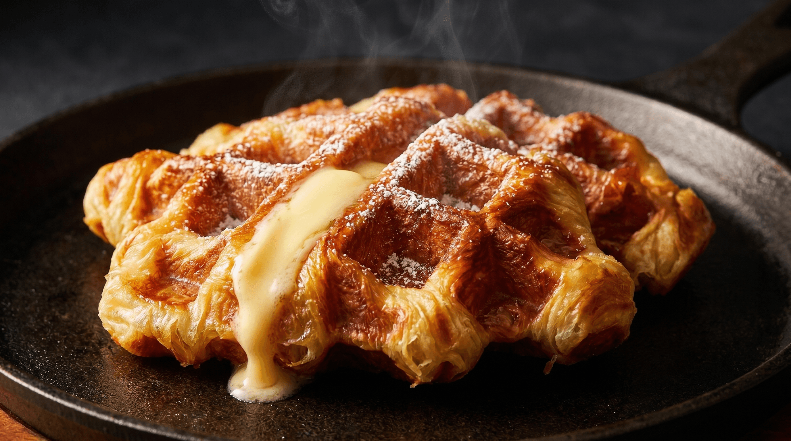 A fresh-pressed croffle on a cast-iron skillet, dusted with powdered sugar with a warm custard pour and rising steam