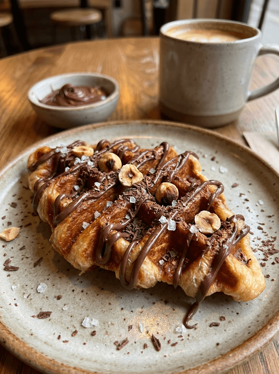 Close-up of a Dark Nutella croffle with flaky sea salt