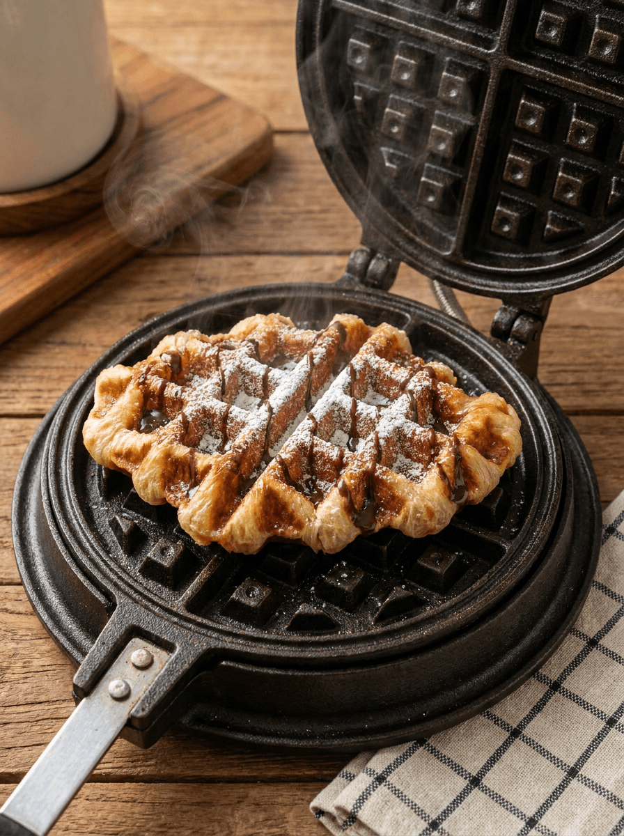 A croffle pressing in an open cast-iron waffle iron, dusted with powdered sugar