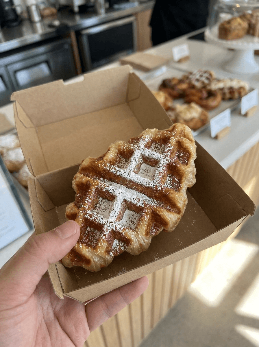 A hand holding a takeaway box with a fresh croffle at pickup
