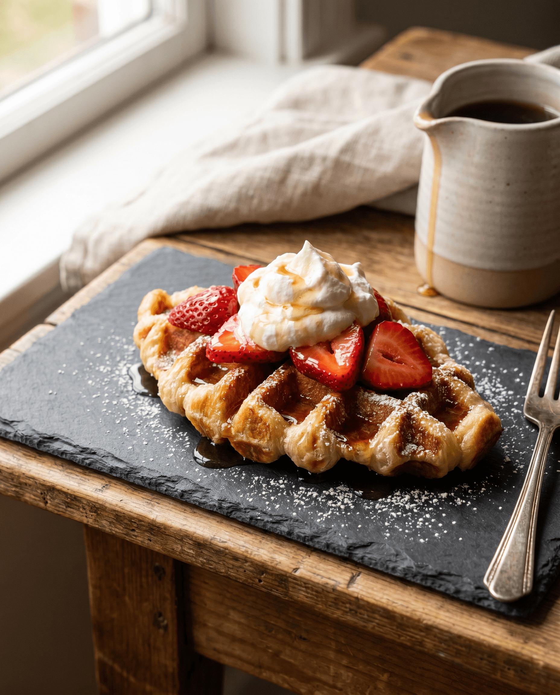 A croffle topped with fresh strawberries and whipped cream in bright window light